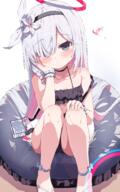 1girl absurdres bare_arms bare_legs bare_shoulders bikini black_bikini black_eyes black_hairband blue_archive blush braid closed_mouth collarbone colored_inner_hair commentary_request flip-flops frilled_bikini frills grey_hair hair_over_one_eye hairband halo highres korean_commentary long_hair looking_at_viewer mannack multicolored_hair pink_hair plana_(blue_archive) red_halo sandals sensitive single_braid sitting solo swimsuit // 1707x2723 // 2.4MB