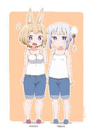 2girls animal_ears bad_id bad_pixiv_id black_camisole blonde_hair blue_eyes blue_footwear blue_shorts blush border breasts camisole character_name closed_mouth commentary_request dated denim denim_shorts double_bun expressionless girl hair_bun highres medium_breasts multiple_girls open_mouth orange_background original outline outside_border petite rabbit_ears rabbit_girl red_shoes samansa_(samansa_ex) samansa_ex sensitive shirt shoes shorts siblings signature sisters sleeveless small_breasts spaghetti_strap standing tabasa-ex tabasa_(samansa_ex) tabayan_jigokuhen v white_border white_outline white_shirt オリジナル タバやん地獄変 双子の看板娘、サマンサちゃんとタバサちゃんです 女の子 // 1240x1760 // 755.8KB