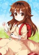 1girl backpack bag black_hairband blush bow_hairband brown_eyes brown_hair closed_mouth commentary_request cowboy_shot dress drtk_pic frilled_sleeves frills general hairband hand_up highres holding inokuma_mitsuki kin-iro_mosaic long_hair long_sleeves looking_at_viewer randoseru red_bag ruu_(tksymkw) sidelocks solo yellow_dress 誰得ちゃん // 1000x1400 // 825.7KB