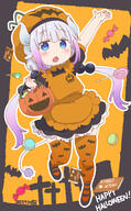 1girl arm_up atfbooru.ninja blue_eyes blush candy chi child chocolate chocolate_bar commentary_request costume cute dragon dragon_girl dragon_horns female food full_body fully fully_clothed gap general gradient_hair grey_hair halloween hat highres horns jitome kanna_kamui kobayashi-san kobayashi-san_chi_no_maid_dragon kobayashi-san_chi_no_maidragon legs legwear loli long_hair looking_at_viewer low_twintails maid miss_kobayashi's_dragon_maid multicolored_hair multicoloured_hair no non-web_source open open_mouth orange orange_hat orange_theme orange_thighhighs pumpkin pumpkin_costume purple_hair safe samansa_ex shoes skirt solo tabasa-ex tail thigh-highs thigh_gap thighhighs thighs twin_tails twintails two-tone_hair viewer zettai_ryouiki オレンジ色 カンナカムイ タバやん地獄変 ハロウィンかんなさんでれんしゅう メイドラゴン500users入り 小林さんちのメイドラゴン 竜娘 // 1086x1748 // 1.3MB