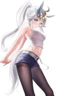 1girl ahoge animal_ears ayamalimas bad_id bad_pixiv_id belt black_legwear black_pantyhose blue_eyes blue_shorts breasts crop_top feet_out_of_frame hair_ornament horse_ears horse_girl horse_tail legwear_under_shorts looking_at_viewer medium_breasts midriff mikazuki_mika navel no_bra oguri_cap_(umamusume) pantsu pantyhose pantyhose_under_shorts ponytail questionable safe see_through sensitive shirt shorts simple_background solo tail thong uma_musume_pretty_derby umamusume wet wet_clothes white_background white_belt white_hair white_shirt おへそ ウマ娘プリティーダービー ウマ娘プリティーダービー1000users入り ウマ娘プリティーダービー5000users入り オグリキャップ(ウマ娘) ノースリホットパンツポニテオグリ② ノースリーブ ホットパンツ ポニーテール 三日月ミカ 撫で回したいお腹 汗 黒スト // 1129x1832 // 1.5MB
