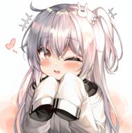 +++ 1girl ;d absurdres bangs blush bunny-shaped_pupils bunny_hair_ornament clothing commentary eyebrows_visible_through_hair female hair_between_eyes hair_ornament hands_up heart highres hood hoodie long_hair long_sleeves looking_at_viewer mannack mannaku one_eye_closed one_side_up open_mouth original pixiv_29759565 red_eyes s safe silver_hair simple_background sleeves_past_fingers sleeves_past_wrists smile solo symbol-shaped_pupils teeth upper_body upper_teeth white_hair white_hoodie wink キュミ29 // 4715x4764 // 14.4MB