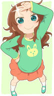 1girl animal_print aqua_eyes arm_up atfbooru.ninja blush border brown_hair closed_mouth commentary_request female female_focus forehead fully_clothed general green_background green_eyes green_footwear green_shirt hand_on_own_hip highres kobayashi-san_chi_no_maid_dragon kobayashi-san_chi_no_maidragon legs legs_apart loli long_hair looking_at_viewer messy_hair miss_kobayashi's_dragon_maid orange_skirt pleated_skirt rabbit rabbit_print riko_saikawa saikawa_riko samansa_ex shiny_skin shirt shoes simple_background skirt smile socks solo standing tabasa-ex thighs v white_border white_socks younger_female タバやん地獄変 小林さんちのメイドラゴン 才川ピースのおでこさん 才川リコ // 969x1722 // 768.6KB