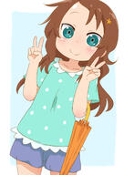 1girl atfbooru.ninja blue_background blue_shorts blush border brown_hair cowboy_shot cute double_v female female_focus flower frame fully_clothed general green_eyes green_shirt hair_flower hair_ornament hairclip highres kobayashi-san_chi_no_maid_dragon kobayashi-san_chi_no_maidragon loli long_hair looking_at_viewer miss_kobayashi's_dragon_maid on_model outside_border pinup polka_dot polka_dot_shirt riko_saikawa saikawa_riko samansa_ex shirt shorts skirt smile solo standing tabasa-ex umbrella v white_border さいかわさんれんしゅう タバやん地獄変 小林さんちのメイドラゴン 才川リコ // 1240x1748 // 872.3KB