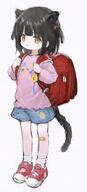1girl animal_ears backpack bag bandaid bandaid_on_knee bandaid_on_leg black_hair blue_shorts cat_ears cat_girl cat_tail child crime_prevention_buzzer dot_nose facial_mark full_body general hair_tie highres holding_strap long_sleeves medium_hair open_mouth orange_eyes original pink_shirt print_shirt randoseru red_bag red_footwear shipi-chan shirt sho_(sho_lwlw) shorts simple_background socks solo tail tareme two_side_up whisker_markings white_background white_socks // 910x2000 // 343.7KB