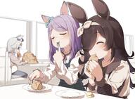 3girls ^_^ ahoge animal_ears bangs black_hair blue_pants blurry blurry_background blush closed_eyes closed_mouth clothing collared_dress commentary commentary_request couch depth_of_field dress ear_ribbon eating eyebrows_visible_through_hair female food fork green_dress green_ribbon hair_over_one_eye hairband holding holding_food holding_fork holding_knife holding_object horse_ears knife kusaka_shi long_hair long_sleeves mejiro_mcqueen_(uma_musume) mejiro_mcqueen_(umamusume) multiple_girls oguri_cap_(uma_musume) oguri_cap_(umamusume) on_couch pants parted_bangs plate puffy_long_sleeves puffy_sleeves ribbon rice_shower_(uma_musume) rice_shower_(umamusume) s safe sensitive shirt sitting sleeveless sleeveless_dress t table uma_musume_-_pretty_derby uma_musume_pretty_derby umamusume white_dress white_hairband white_shirt window yukie_(kusaka_shi) // 2737x2006 // 526.1KB