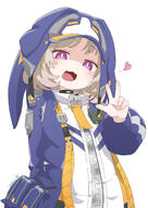 1girl 3 arm_behind_back black_choker blue_bag blue_jacket brown_hair character_request choker cowboy dated heart highres jacket long_sleeves open_clothes open_jacket open_mouth phantasy_star phantasy_star_online_2 samansa_ex tongue violet_eyes w white_background zipper zipper_pull_tab // 1240x1748 // 1.4MB
