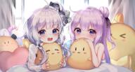 2girls ahoge animal anthropomorphism aqua_eyes azur_lane bed bird blue_eyes blush curtains eyebrows_visible_through_hair hair_bun heart illustrious_(azur_lane) konachan lavender_hair loli long_hair looking_at_viewer manjuu_(azur_lane) mannack multiple_girls open_mouth pillow pixiv_29759565 purple_eyes safe silver_hair stuffed_animal stuffed_toy unicorn_(azur_lane) white_hair window ユニコーンリトル・イラストリアス // 7566x4063 // 14.6MB