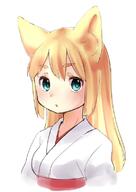 1_female 1girl animal_ears bangs blonde_hair blush ears eyebrows eyebrows_visible_through_hair female fox_ears green_eyes japanese_clothes kai_himo light_blush long_hair mature miko o original parted_lips real_person safe simple_background solo upper_body white_background // 559x791 // 46.6KB