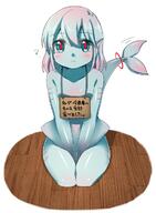 1_female 1girl < animal_ears animal_tail bangs between_legs blue_eyes blue_hair blue_sclera blue_skin blush closed_mouth colored_pupils colored_sclera colored_skin ears eyebrows female filet_(kai_himo) fins fish_tail full_body gradient_hair hand_between_legs head_fins kai_himo looking_at_viewer mature monster_girl multicolored_hair nude original pet_shaming pink_hair pov question_mark red_pupils safe seiza short_hair sign sign_around_neck simple_background sitting solo tail tail_ornament translated white_background // 531x722 // 56.2KB