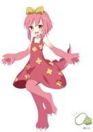 1_female 1girl animal_hands bangs bare_arms bare_shoulders blush bow claws collarbone commentary d dress eyebrows fangs female gan_gan_ganko-chan ganko-chan ganko-chan_(series) hair_between_eyes hair_bow kai_himo long_hair looking_at_viewer mature monster_girl open_mouth original paws personification pink_dress pink_hair pov print_dress red_eyes safe sidelocks simple_background sleeveless sleeveless_dress smile solo stading standing standing_on_one_leg symbol-only_commentary translation_request white_background yellow_bow // 772x1088 // 347.5KB