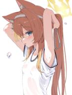 1girl absurdres adjusting_hair animal_ear_fluff animal_ears armpit_peek armpits blue_archive blue_eyes blush breasts cat_ears commentary_request gym_shirt halo highres korean_commentary long_hair mannack mari_(blue_archive) mari_(track)_(blue_archive) open_mouth orange_hair sensitive shirt short_sleeves simple_background small_breasts solo upper_body white_background white_shirt yellow_halo // 2058x2700 // 1.5MB