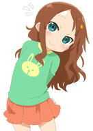 1girl animal_print arms_behind_back atfbooru.ninja blush brown_hair child closed_mouth commentary_request cowboy_shot dated female female_focus flower fully_clothed general green_eyes green_shirt hair_flower hair_ornament hairclip highres kobayashi-san_chi_no_maid_dragon kobayashi-san_chi_no_maidragon leaning_to_the_side legs loli long_hair long_sleeves looking_at_viewer notice_lines orange_flower pleated_skirt rabbit_print red_skirt saikawa_riko samansa_ex shirt skirt smile solo standing thighs white_background younger_female // 1240x1748 // 655.9KB