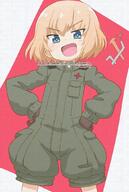 1girl adversarial_noise artist_name blonde_hair blue_eyes bright_pupils brown_gloves commentary_request cowboy_shot emblem fang girls_und_panzer gloves green_jumpsuit hands_on_own_hips jumpsuit katyusha_(girls_und_panzer) long_sleeves looking_at_viewer medium_hair open_mouth pravda_(emblem) pravda_military_uniform short_jumpsuit skin_fang smile solo tabayan_jigokuhen v-shaped_eyebrows watermark white_pupils // 708x1052 // 274.0KB