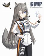 1girl absurdres animal_ears beast_girl blue_eyes bodysuit breasts closed_mouth commentary english_commentary gimp gimp_(software) gnu grey_hair highres linux long_hair long_sleeves looking_at_viewer one_eye_closed paintbrush paintbrush_in_mouth personification phonetik pixiv rainbow simple_background small_breasts smile tail white_background wilber_(gimp) 兽娘 兽耳 匣子 开源 拟人 软件拟人 // 3500x4500 // 4.6MB