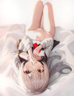 1girl bangs bed bed_sheet blush brown_hair bunny-shaped_pupils bunny_hair_ornament clothing covering_mouth covering_own_mouth female grey_hair hair_ornament hands_up heart heart_print highres jacket knees_up kyumi_(mannack) light_brown_hair long_hair long_sleeves lying mannack mannack0106 mannaku midriff navel on_back on_bed open_clothes open_jacket original panties pantsu q questionable rabbit-shaped_pupils rabbit_hair_ornament red_eyes solo symbol-shaped_pupils underwear white_jacket white_panties white_pantsu white_underwear おへそ まんなく オリジナル オリジナル5000users入り オリジナル7500users入り キュミ キュミ_41 パンツ ヘッドボードアングル ロリ // 1634x2108 // 4.0MB