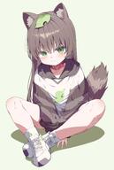 1girl animal_ears brown_hair brown_hoodie collar full_body general green_eyes highres hood hood_down hoodie leaf leaf_on_head leaf_print long_hair long_sleeves looking_at_viewer mannack multicolored_clothes multicolored_hoodie no_pants original pout raccoon_ears raccoon_girl raccoon_tail raku_(mannack) red_collar shoes sitting sneakers solo t tail tears white_footwear white_hoodie white_shoes white_sneakers // 1187x1760 // 181.9KB
