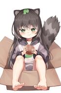 1girl absurdres animal_ears bare_legs barefoot box cardboard_box child collar eating feet female_child food full_body general green_eyes grey_hair highres hood hood_down hoodie in_box in_container long_hair long_sleeves looking_at_viewer mannack mannack_016 original raccoon_ears raccoon_girl raccoon_tail raku_(mannack) safe soles t tail toes white_background // 1562x2402 // 284.3KB