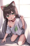 1girl absurdres animal_collar animal_ear_fluff animal_ears brown_hair collar day fang highres indoors leaf leaf_on_head long_hair looking_at_viewer mannack mannack_016 off_shoulder open_mouth original oversized_clothes oversized_shirt raccoon_ears raccoon_girl raku_(mannack) red_collar sensitive shirt short_sleeves skin_fang sweat under_covers white_shirt window // 1810x2759 // 372.3KB