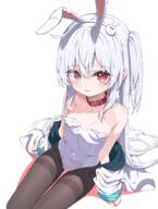 1 1girl absurdres animal_ears bare_shoulders black_tights blush breasts brown_pantyhose bunny_girl collar commentary_request covered_navel fake_animal_ears general hair_between_eyes hair_ornament highleg highleg_leotard highres jacket kyumi_(mannack) leotard loli long_hair looking_at_viewer mannack mannack0106 off_shoulder one_side_up open_mouth original oversized_breast_cup pantyhose pixiv_128427355 pixiv_29759565 playboy_bunny rabbit-shaped_pupils rabbit_hair_ornament red_eyes sensitive sidelocks simple_background sitting small_breasts solo strapless strapless_leotard sweat symbol-shaped_pupils thighband_pantyhose very_long_hair white_background white_hair white_jacket white_leotard ちっぱい まんなく キュミ バニーガール ロリ 汗 首輪 黒タイツ // 2562x3392 // 2.5MB