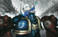 1girl 2 3boys absurdres adeptus_astartes advarcher animal_tail armor artist_name blood_ravens blue_dress blurry blurry_background bob_cut bolter chibi clothing commentary cowboy_shot crossover dress english_commentary extremely_large_filesize female fins fish_tail full_body gawr_gura gawr_gura_(1st_costume) gawr_gura_ch. gawrgura general grey_hair gun headwear helmet high_resolution highres holding holding_gun holding_object holding_polearm holding_trident holding_weapon hololive hololive_english hololiveen large_filesize long_sleeves male medium_hair meme multiple_boys pauldron pauldrons polearm power_armor s sankaku sankaku_var2604b6rv shark_girl shark_tail sharp_teeth short_hair shoulder_armor smile smol_gura space_marine spacemarine standing tail teeth trident ultramarines upper_body very_high_resolution virtual_youtuber warhammer40k warhammer_40k weapon がうる・ぐら アデプトゥス・アスターテス バーチャルyoutuber ホロライブ // 4590x2970 // 15.6MB