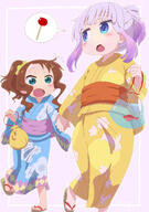 2girls aqua_eyes atfbooru.ninja blue_eyes blue_kimono blush brown_hair candy_apple commentary dragon_girl feet female floral_print food fully_clothed general hair_ornament hairclip highres holding holding_hands japanese_clothes kanna_kamui kanna_kamui_(miss_kobayashi's_dragon_maid) kimono kobayashi-san_chi_no_maid_dragon kobayashi-san_chi_no_maidragon legs loli long_hair long_sleeves medium_hair miss_kobayashi's_dragon_maid multiple_girls obi on_model open_mouth ponytail print_kimono purple_background purple_hair riko_saikawa saikawa_riko samansa_ex sandals sash slit_pupils speech_bubble spoken_food standing tabasa-ex tied_hair toes walking wide_sleeves yellow_kimono younger_female yukata yuri zouri なつまつり カンナカムイ(小林さんちのメイドラゴン) タバやん地獄変 小林さんちのメイドラゴン 手を引く 才川リコ // 1240x1760 // 1.3MB