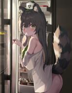 1girl 2024 animal_ear_fluff animal_ears ass bare_shoulders blush bottomless brown_hair egg female food food_packaging girl green_eyes highres holding holding_food indoors leaf leaf_on_head loli looking_at_viewer mannack mannack0106 milk_carton mouth_hold naked_shirt off_shoulder original petite questionable raccoon raccoon_ears raccoon_girl raccoon_tail raku_(mannack) refrigerator see-through_silhouette shirt solo standing surprised tail tail_raised はいてない まんなく らく らく_7 アライグマ オリジナル ケモミミ ロリ 女の子 尻 // 1822x2358 // 4.8MB