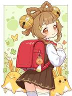 1girl alternate_costume ass backpack bag bag_charm bell blush bow-shaped_hair brown_eyes brown_hair bug butterfly charm_(object) commentary general genshin_impact hair_bell hair_ornament heart insect long_sleeves looking_at_viewer looking_back onyhakase pleated_skirt randoseru shirt skirt smile thigh-highs thighhighs white_shirt white_thighhighs yaoyao_(genshin_impact) yuegui_(genshin_impact) // 680x907 // 106.5KB