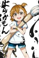 1girl absurdres ahoge barakamon brown_eyes brown_hair calligraphy_brush child commentary copyright_name denim denim_shorts feet_out_of_frame friendship_bracelet hair_tie highres holding holding_calligraphy_brush holding_paintbrush hugging_object ink_on_clothes ink_on_face innocentia_(inno_theo) kotoishi_naru legs_apart looking_at_viewer medium_hair o paint_stains paintbrush rope_belt shirt shorts shorts_rolled_up smile solo t-shirt topknot upper_body white_background white_shirt // 2000x3000 // 2.0MB