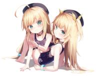 2girls blonde_hair blush collar counter_side eins_(counter_side) eins_(side) flat_chest green_eyes loli long_hair mannack pixiv_29759565 side sideboob swimsuit twins white wristwear zwei_(counter_side) zwei_(side) カウンターサイド // 5874x4637 // 15.6MB