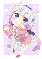 1girl blush border capelet child clenched_hands commentary_request dragon_girl dragon_horns dress expressionless eyelashes female_child frilled_capelet frills from_above general gradient_hair hair_ribbon hands_up highres horns kanna_kamui kobayashi-san_chi_no_maidragon light_purple_hair long_hair looking_at_viewer multicolored_hair multicoloured_hair paw_pose pink_dress ponytail puffy_sleeves purple_background purple_hair red_footwear ribbon safe samansa_ex sidelocks solo tail thick_thighs thigh-highs thighhighs thighs tweet_小林さんちのメイドラゴン twitter.com white_border white_thighhighs // 852x1200 // 550.5KB
