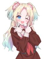 1girl apparel_hair_ornament apparel_long_sleeves apparel_neckerchief apparel_sailor_collar apparel_serafuku apparel_uniform bangs blonde_hair blue_eyes blue_hair blush chobi fangs gradient_hair long_hair love_live! one_eye_closed open_mouth osawa_rurino sidelocks smiling solo two_side_up v_sign very_long_hair white_background wink // 4010x5313 // 4.2MB