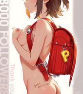 1girl absurdres ass backpack bag blush body_writing breasts brown_hair closed_mouth commentary_request covering_breasts covering_privates english_text from_side glint head_out_of_frame highres idolmaster idolmaster_million_live! idolmaster_million_live!_theater_days kasuga_mirai koaya light_smile medium_breasts milestone_celebration nude questionable randoseru red_bag short_hair signature solo thank_you // 2496x2826 // 1.4MB