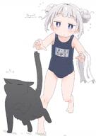  1girl adversarial_noise alternate_costume black_cat blue_one-piece_swimsuit blush braid braided_bun cat chasing closed_mouth commentary_request double_bun fleeing full_body hair_bun highres one-piece_swimsuit original purple_eyes running school_swimsuit sensitive short_hair solo swimsuit tabasa_(samansa_ex) tabayan_jigokuhen towel_on_arm white_background white_hair // 1240x1748 // 772.7KB