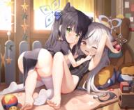 2girls animal_ears ass barefoot black_hair blue_archive blush catgirl chinese_clothes chinese_dress crying dress gray_hair green_eyes loli mannack pixiv_29759565 sunohara_kokona sunohara_shun tears teddy_bear thighhighs wink yellow_eyes ココナ&春原シュン(幼女) // 5506x4529 // 25.1MB