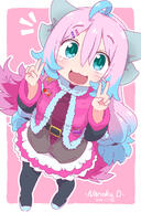 1girl ahoge aqua_eyes atfbooru.ninja belt black_thighhighs blue_hair blush border child dated double_v dragon_girl dragon_horns female female_focus fully_clothed general hair_ornament hairclip happy highres horns indie_virtual_youtuber jacket legwear loli long_hair looking_at_viewer multicolored_hair nanoko_doragon open_mouth original outside_border pink_background pink_hair pink_jacket samansa_ex shoes skirt smile solo standing tail thigh-highs thighhighs two-tone_hair v white_background white_footwear // 1162x1748 // 1.3MB