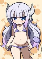 1girl bikini bikini_pull blue_eyes dragon_girl hair_highlight_(purple) horns kanna_kamui lavender_hair loli long_hair looking_at_viewer miss_kobayashi's_dragon_maid navel pulling_own_clothes purple_bikini pussy_peek tail two-tone_hair yellow_background // 674x950 // 45.5KB