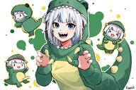 1girl background_splotch chibi claw_pose dino_gura dinosaur_costume gawr_gura green_fingernails hair_highlight_(blue) hololive long_sleeves multiple_views outline phallic_symbol pigtails shark_girl sharp_teeth vtuber white_background white_hair yellow_fingernails yellow_outline // 1701x1134 // 279.5KB