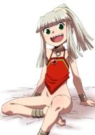 1girl anklet barefoot blonde_hair blunt_bangs bottomless bracelet commado dudou flat_chest jewelry nekurogu nopan open_mouth petite ponytail sharp_teeth sitting smile solo white_background // 850x1200 // 417.1KB