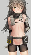 1girl alice_gear_aegis amber_eyes amorous_gaze belt belt_pouch brown_hair detached_sleeves flat_chest gloves grey_background hands_behind_back long_gloves looking_at_viewer nano_bra niplet_strap nopan pettanko pussy_peek revealing_clothes shinonomome_chie spats // 800x1422 // 533.8KB