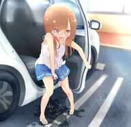 1girl 22m bladder_spill blue_skirt blush brown_hair camisole can't_contain car car_interior crying_with_eyes_opened embarrassed flat_chest flustered full_body hand_between_own_thighs humiliation loli looking_down outdoors parking_lot pee_puddle peeing pigeon-toed puddle red_eyes sandals skirt sleeveless spaghetti_strap strap_slip tears tied_shirt tremble urinating urine urine_puddle wet_clothes white_bow whole_body // 1237x1200 // 761.9KB