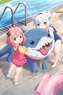 1animal 2girls anya_(spy_x_family) anya_forger black_bow black_eyes blue_eyes canine_shark child collar crossover floaties green_eyes hair_beads hairpods horns hug inflatable_armbands innertube jeff_(marvel) kanna_kamui lavender_hair licking loli looking_at_viewer looking_behind miss_kobayashi's_dragon_maid pink_hair pool pool_ladder pool_rail puddle rail shark shark_canine shark_puppy sharp_teeth short_hair smile spy_x_family sukumizu swim_skirt swimsuit tail tongue_out water watermark white_hair // 2000x3000 // 758.0KB