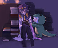 2girls book books chibi dino_gura dinosaur_costume eyes_closed gawr_gura glasses hair_highlight_(blue) hair_highlight_(orange) height_difference hololive ina_(hololive) knees_together_feet_apart lab_coat long_hair multicolored_hair multiple_girls ninomae_ina'nis panchira_(sitting) pantyhose petite pointy_ears purple_hair sleeping tentacle_hair two-tone_hair vtuber white_hair // 1201x1003 // 454.0KB