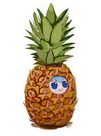 1girl blue_eyes blue_hair chibi cirno commentary food fruit fumo funny no_background pineapple smile solo touhou white_background // 1605x2160 // 384.4KB
