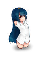 1girl amber_eyes amputee arms_up blue_hair daruma_girl full_body living_daruma long_hair mi-ke_(mikey_sukairain) no_background quadruple_amputee solo white_background whole_body // 528x735 // 53.6KB