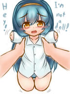 1girl amber_eyes amputee blue_hair blush daruma_girl flat_chest held_up lifted_person living_daruma long_hair mi-ke_(mikey_sukairain) no_background pettanko quadruple_amputee shimapan solo text thigh_gap white_background // 1200x1600 // 798.2KB