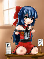 1girl amber_eyes amputee blue_hair daruma_girl english_text hair_bow living_daruma lolita_fashion long_hair looking_at_viewer mi-ke_(mikey_sukairain) prize_display quadruple_amputee sitting text // 900x1200 // 485.7KB