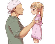 1boy 1girl amputee bandana blonde_hair daruma_girl dress flat_chest height_difference held_up lifted_person living_daruma loli no_background pink_dress quadruple_amputee side_view smile twintails white_background // 1280x1024 // 506.7KB