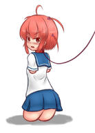 1girl amputee crying_with_eyes_opened daruma_girl embarrassed leash living_daruma looking_back no_background quadruple_amputee red_hair sailor_uniform school_uniform short_hair taken_for_a_walk white_background // 604x838 // 78.3KB