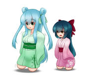 2girls amber_eyes amputee blue_hair daruma_girl green_eyes hair_bow kimono living_daruma long_hair mi-ke_(mikey_sukairain) no_background pettanko quadruple_amputee smile twintails white_background yukata // 1270x1020 // 176.9KB